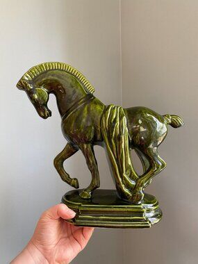 Vintage Lane & Co Trojan Tang Horse Statue Avocado Green Mid Century Ceramic 10"